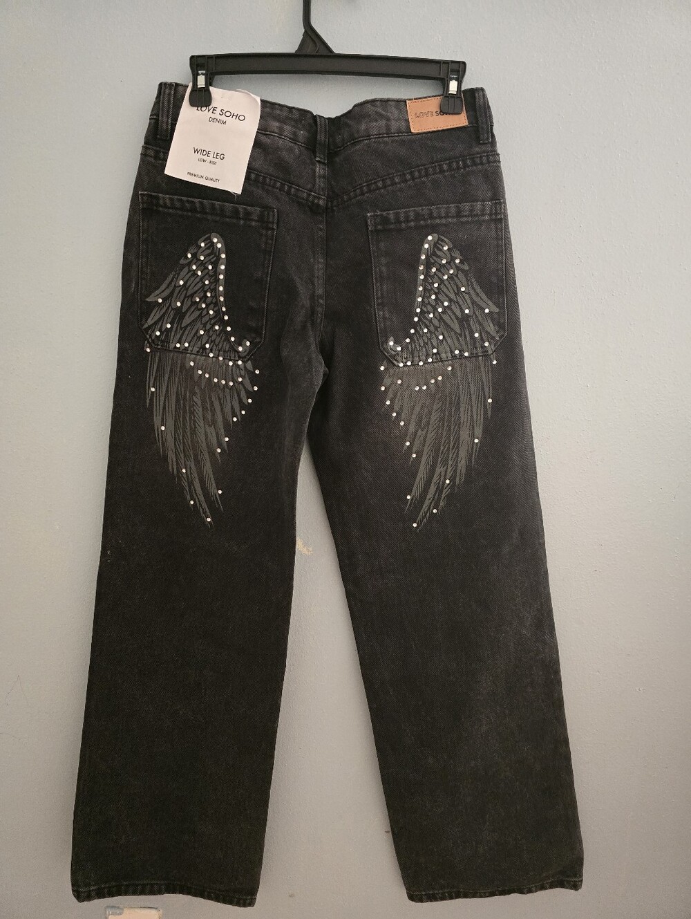 Love Soho Women’s Leggins Black Wide Baggy Denim Jeans Angel Wing Pockets Size 5